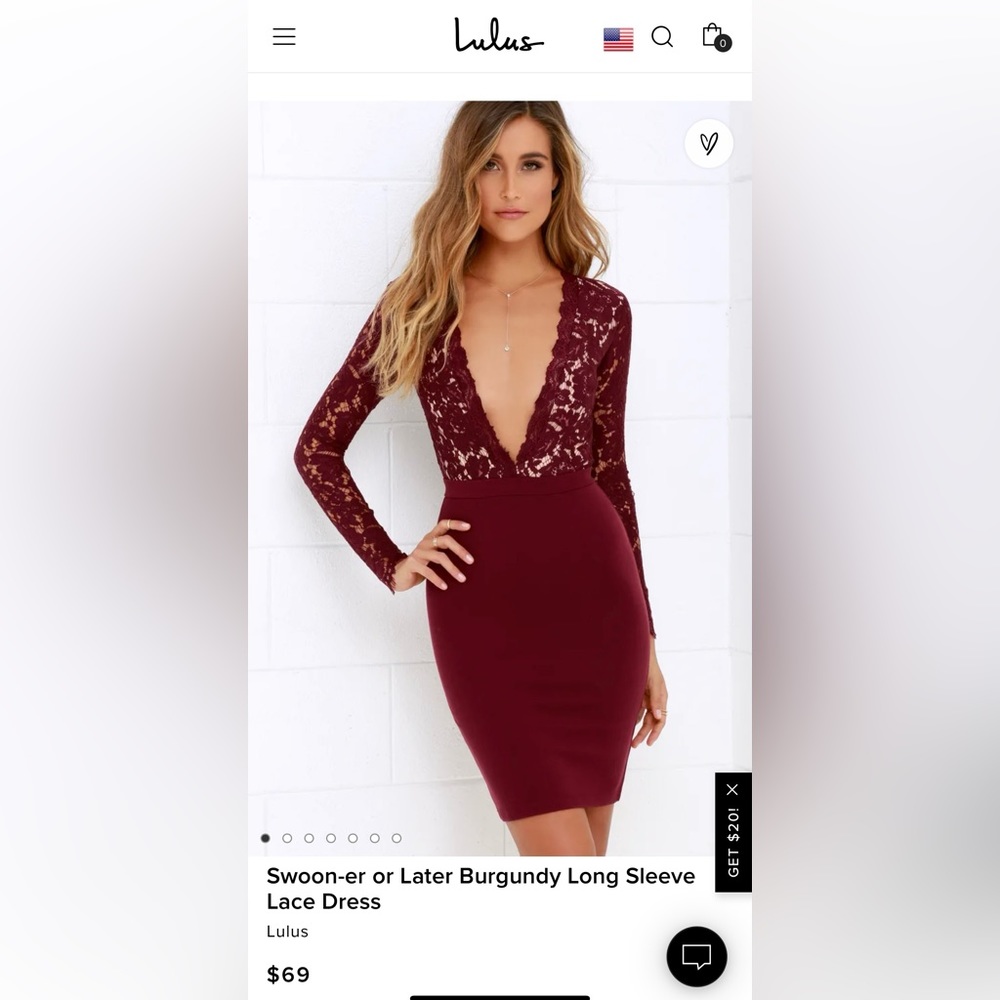 🆕 Lulus ❤︎︎ Swoon-er or Later Burgundy Long Sleeve Lace Dress - NWT